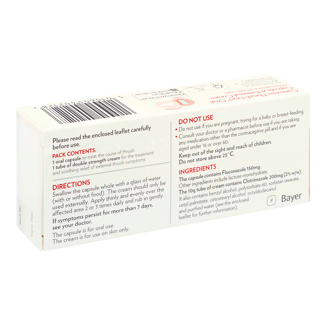 Canesten Thrush Duo pack back - fluconazole 150mg capsule and clotrimazole 2% cream for vaginal thrush